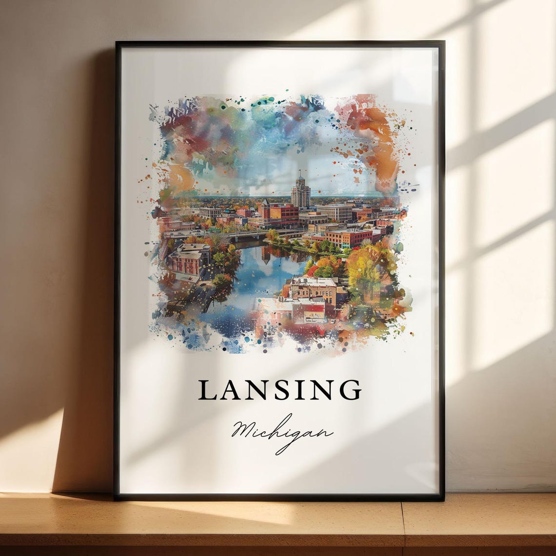 Lansing Michigan Watercolor Downtown River Autumn Scene Poster - Image 4