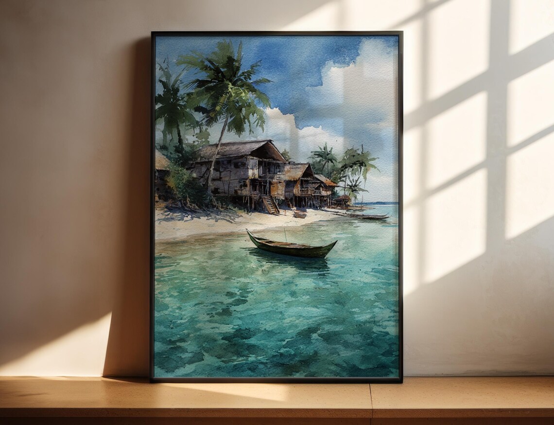 Tropical Island Stilt Village Palm Beach Watercolor Travel Poster