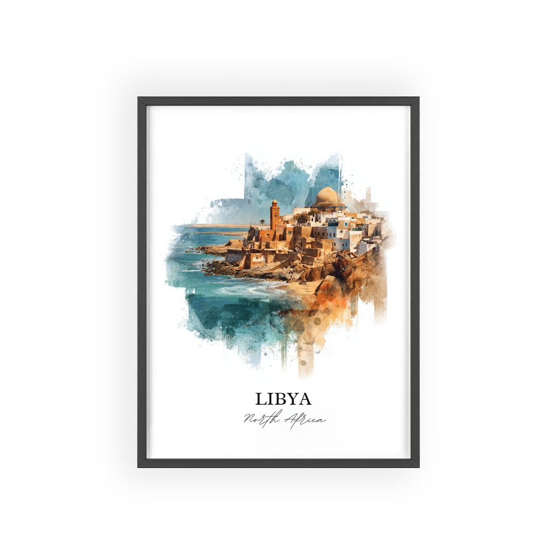 Libya North Africa Coastal Medina Mosque Watercolor Travel Poster - Image 2