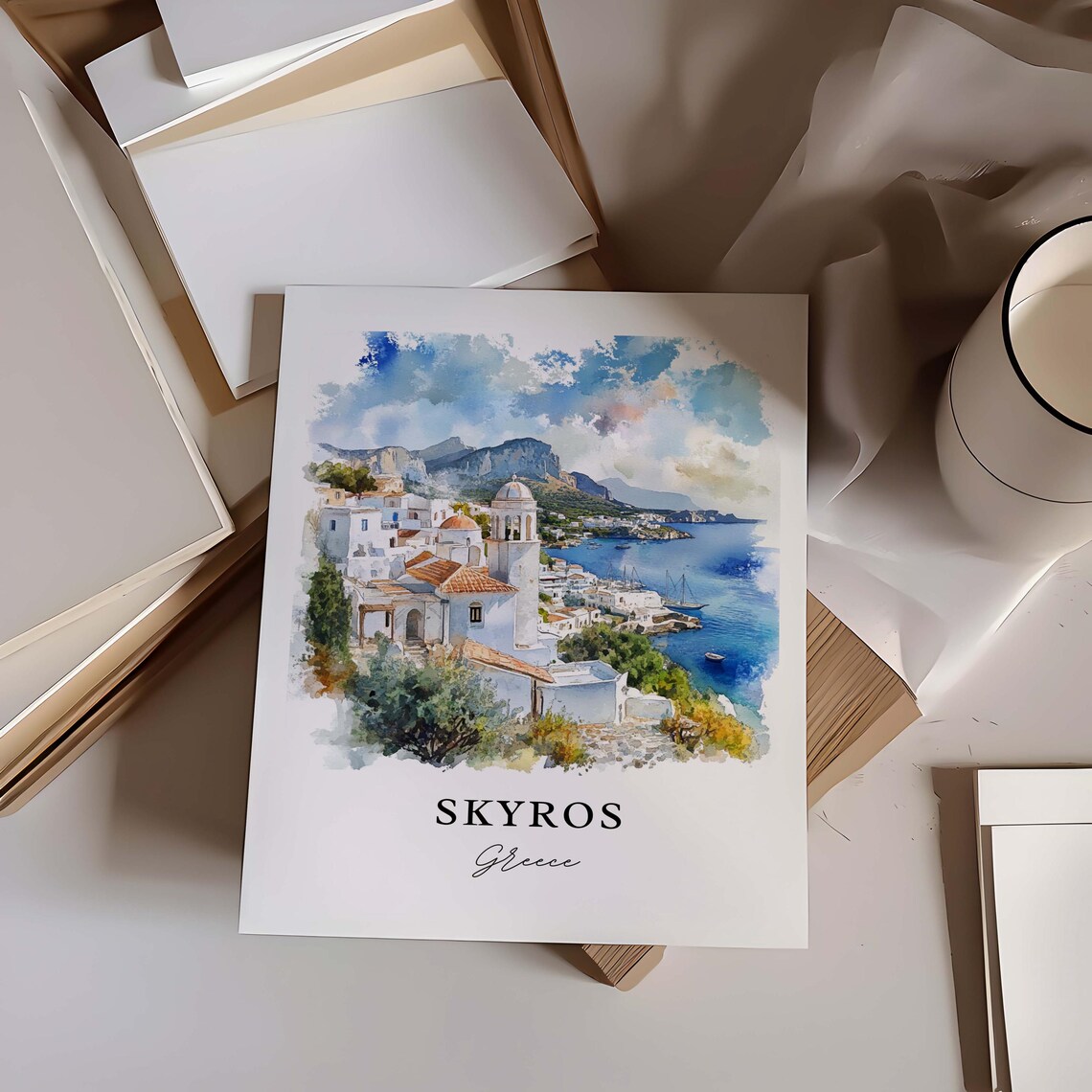 Skyros Greece Whitewashed Village Church Bell Tower Harbor View Poster - Image 3
