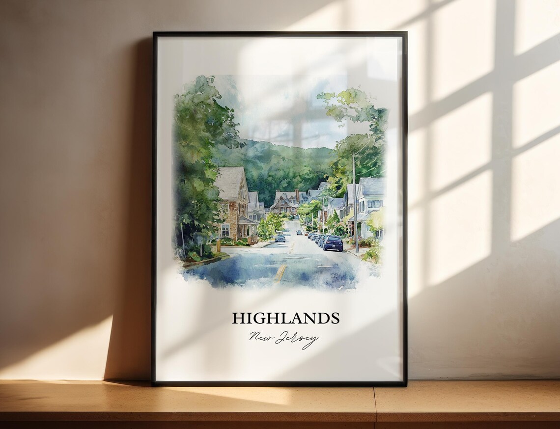 Highlands New Jersey Watercolor Hillside Street Greenery Travel Poster