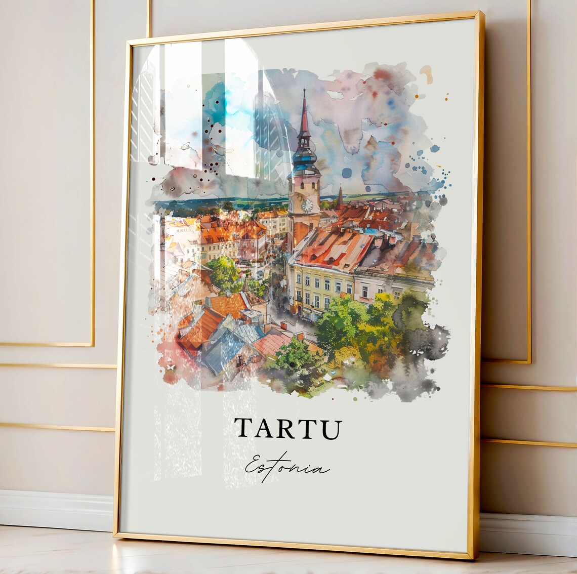 Tartu Estonia Old Town Hall Tower Watercolor Panorama Travel Poster - Image 3
