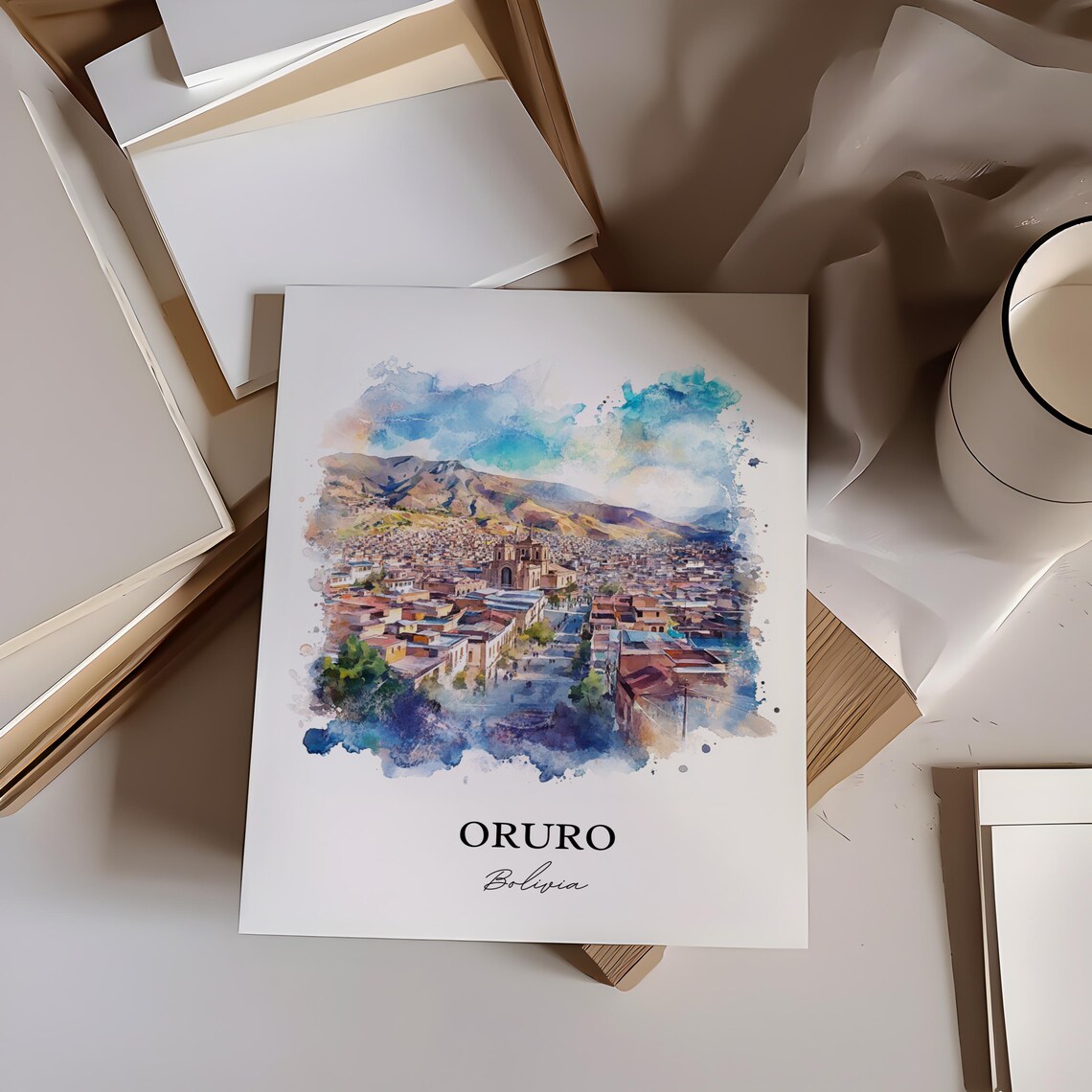 Oruro Bolivia Watercolor Mountain Cityscape Scenic Travel Poster - Image 2