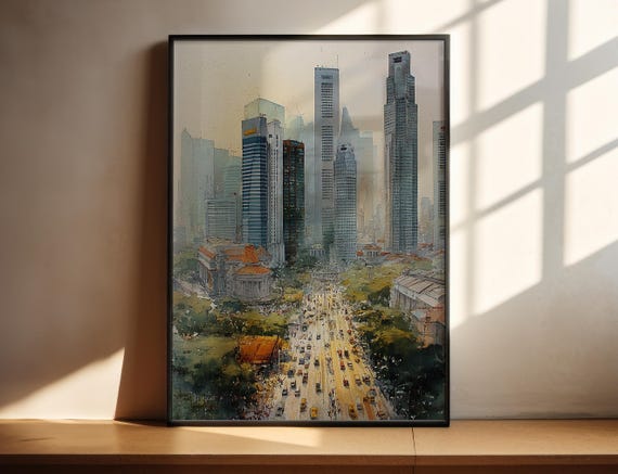 Singapore Watercolor Art Travel Print Skyline Artwork Decor Wall