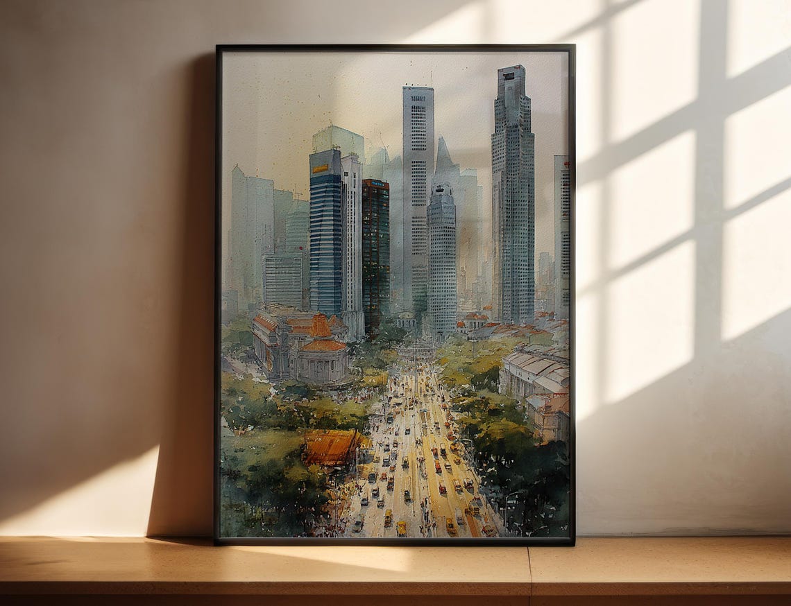 Singapore Watercolor Art Travel Print Skyline Artwork Decor Wall
