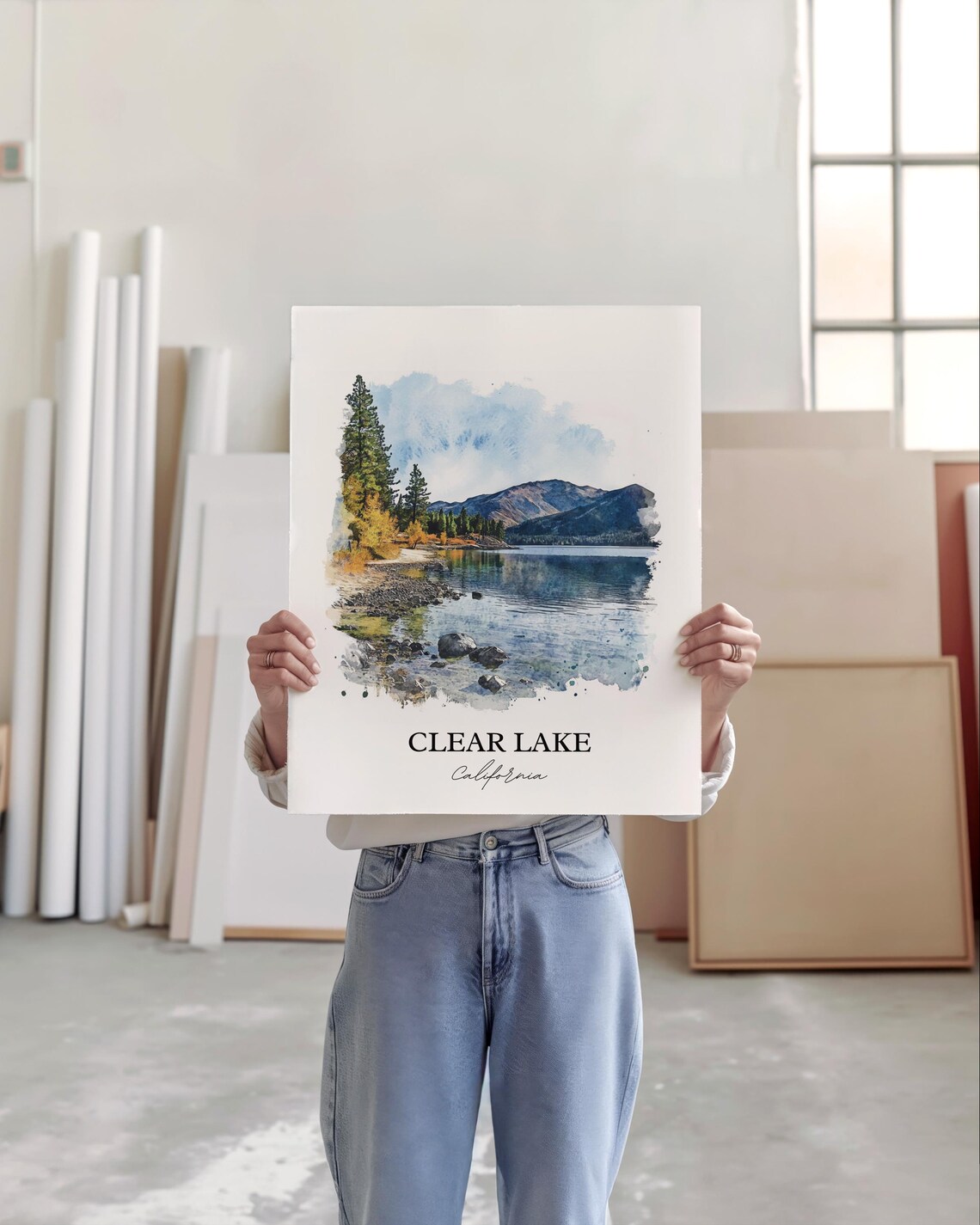 Clear Lake California Rocky Shoreline Watercolor Lake Landscape Poster - Image 6