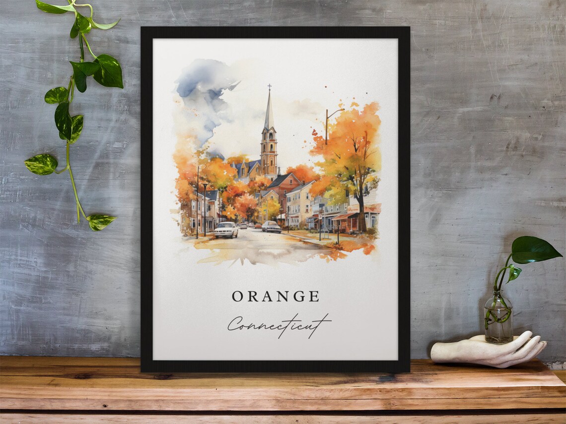 Orange Connecticut Fall Foliage Church Watercolor Print Gift Art