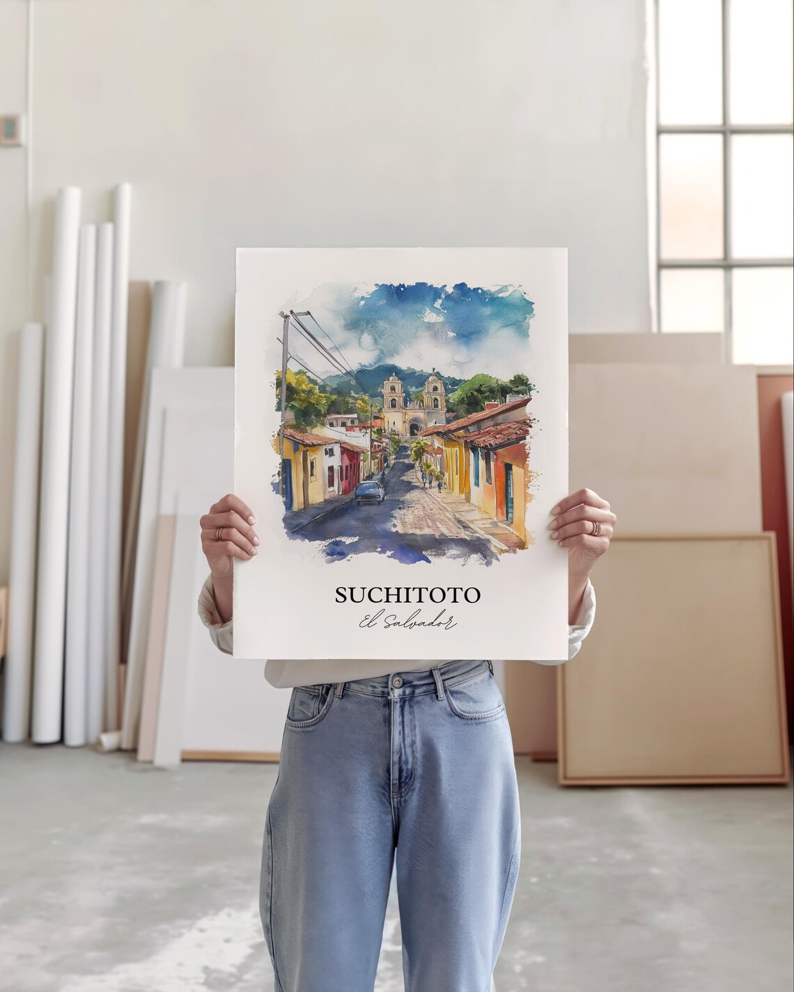 Suchitoto El Salvador Watercolor Colonial Street Church Towers Poster - Image 5