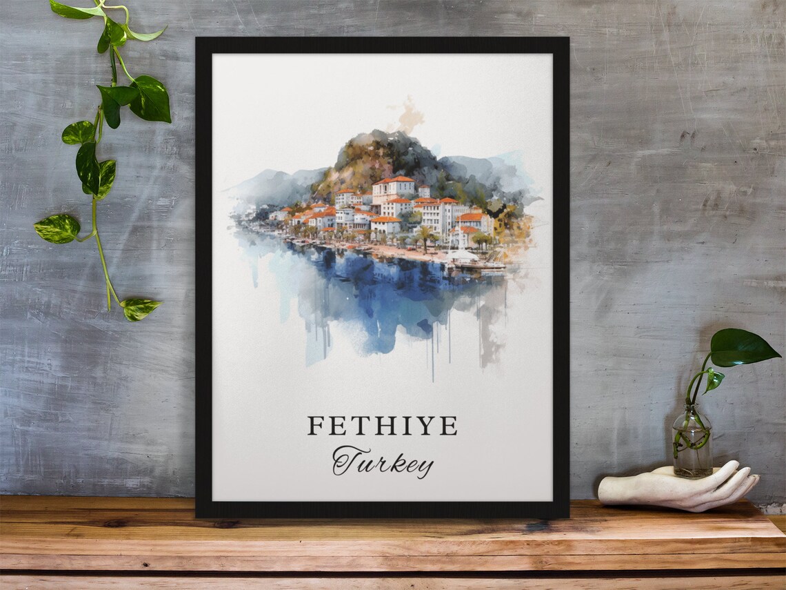Fethiye Turkey Coastal Harbor Town Watercolor Travel Art Poster