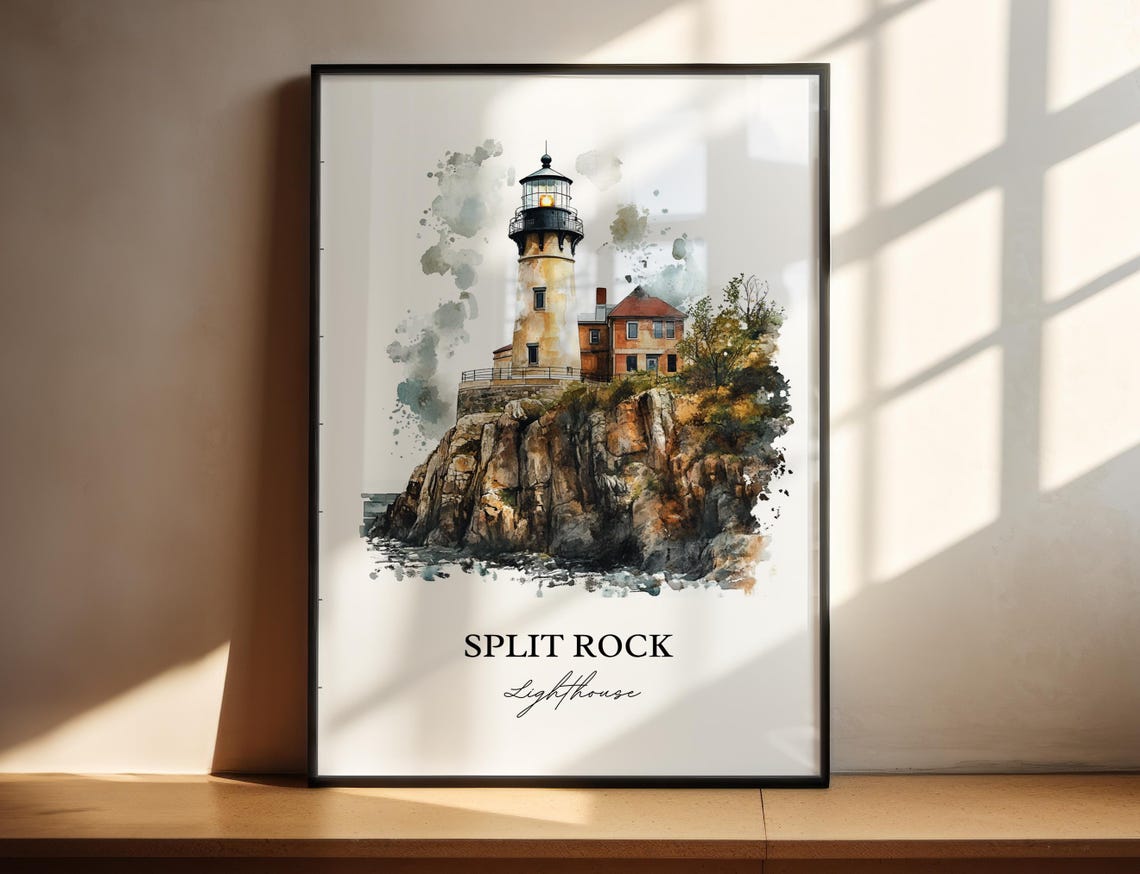 Split Rock Lighthouse Cliff Lake Superior Watercolor Art Poster - Image 5