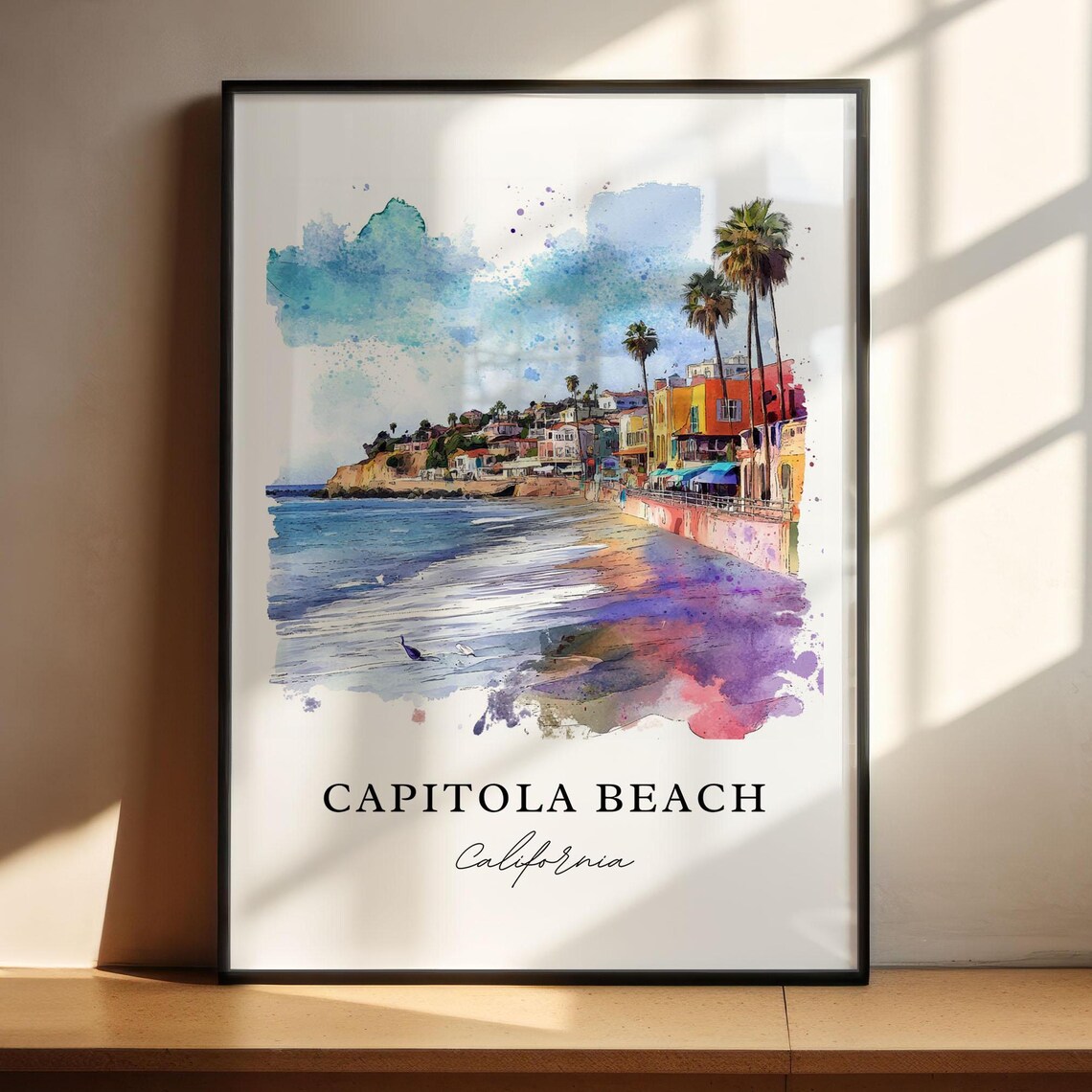 Capitola Beach California Watercolor Shore Colorful Buildings Poster