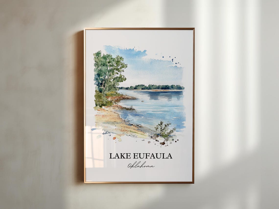 Lake Eufaula Oklahoma Quiet Sandy Shoreline Cove Watercolor Poster - Image 5