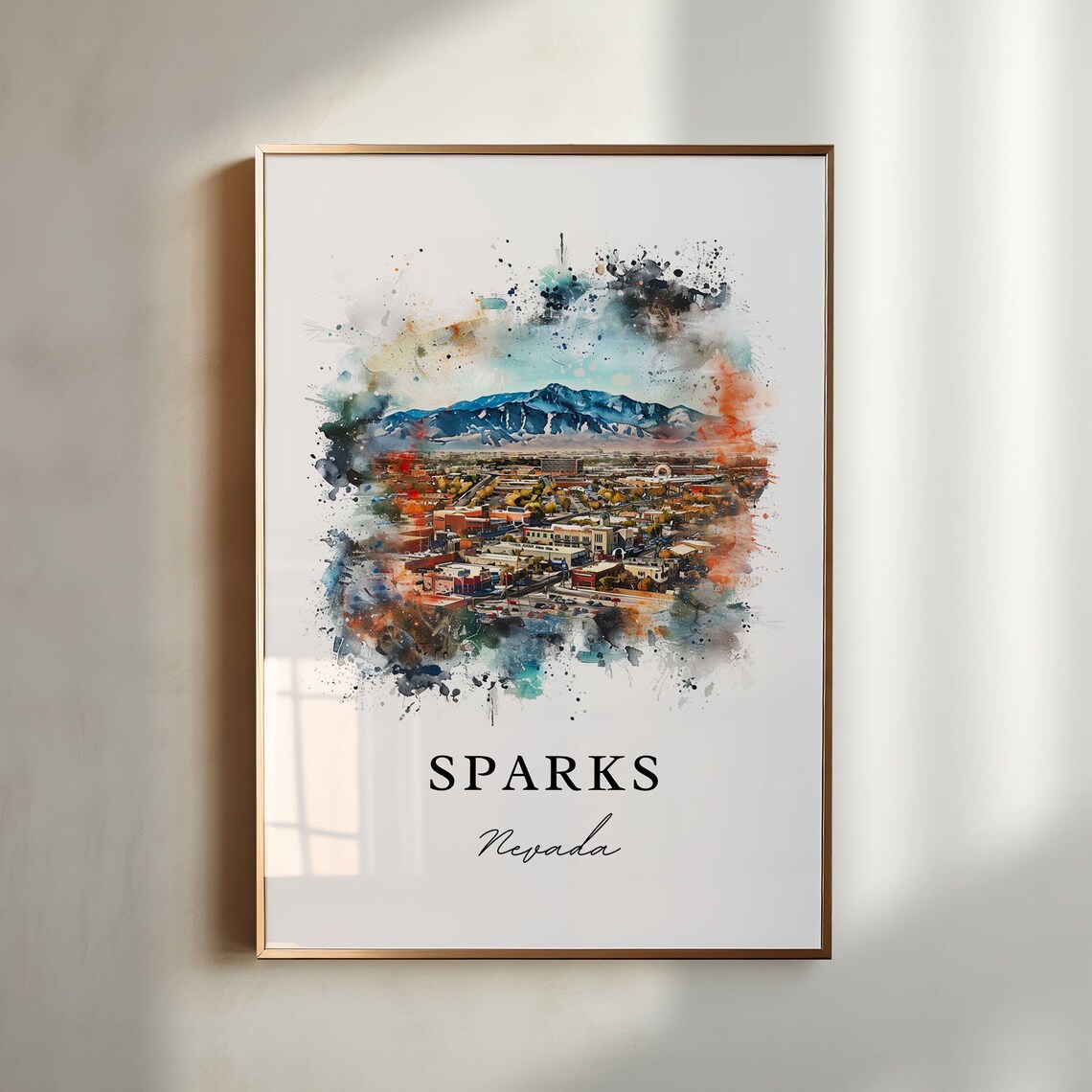 Sparks Nevada City Mountain Aerial Watercolor Print Home Decor