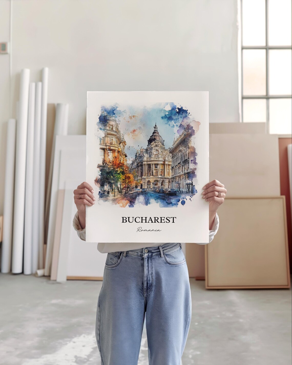 Bucharest Romania Watercolor Grand City Street Scene Travel Poster - Image 4
