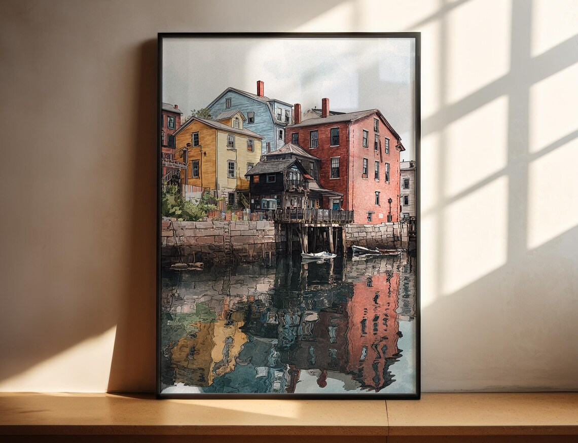 Portland Maine Old Port Harbor Reflections Watercolor Travel Poster