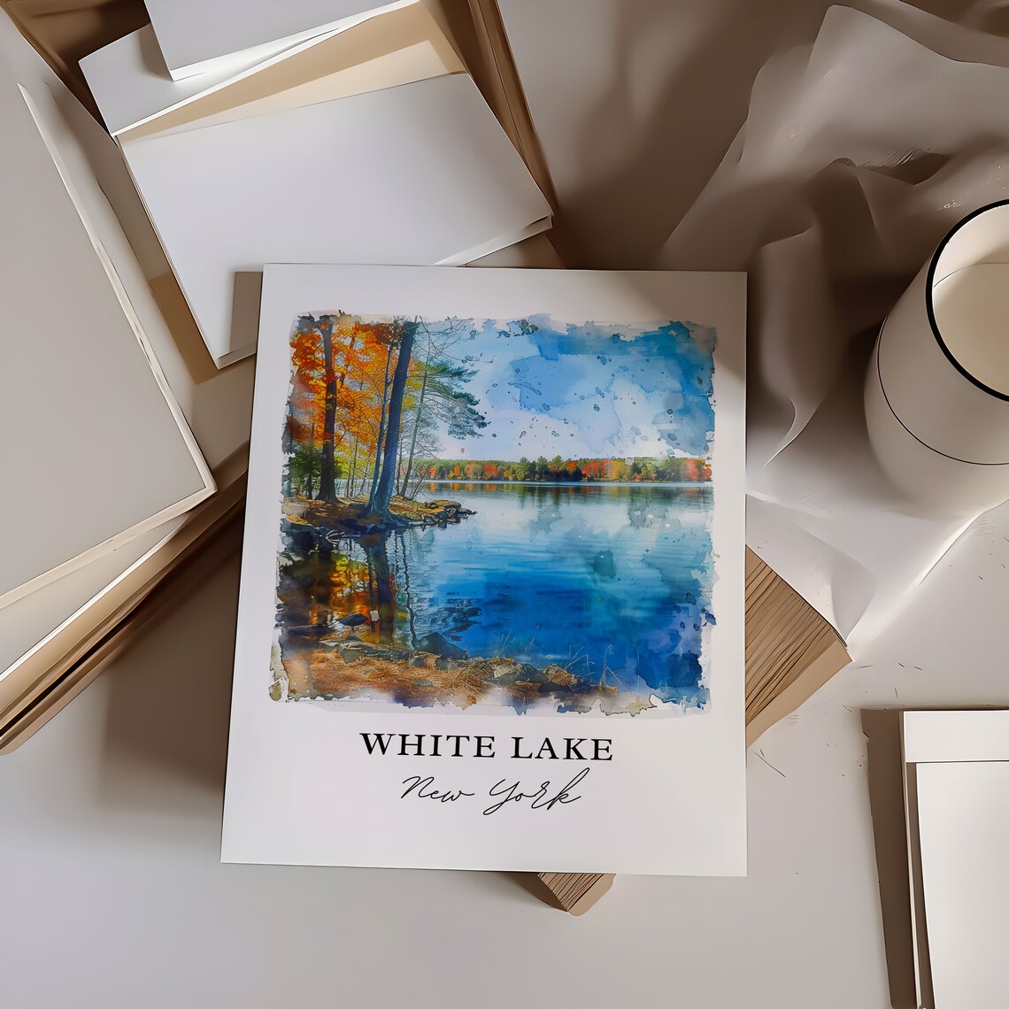 White Lake New York Autumn Lakeside Reflections Watercolor Poster - Image 6