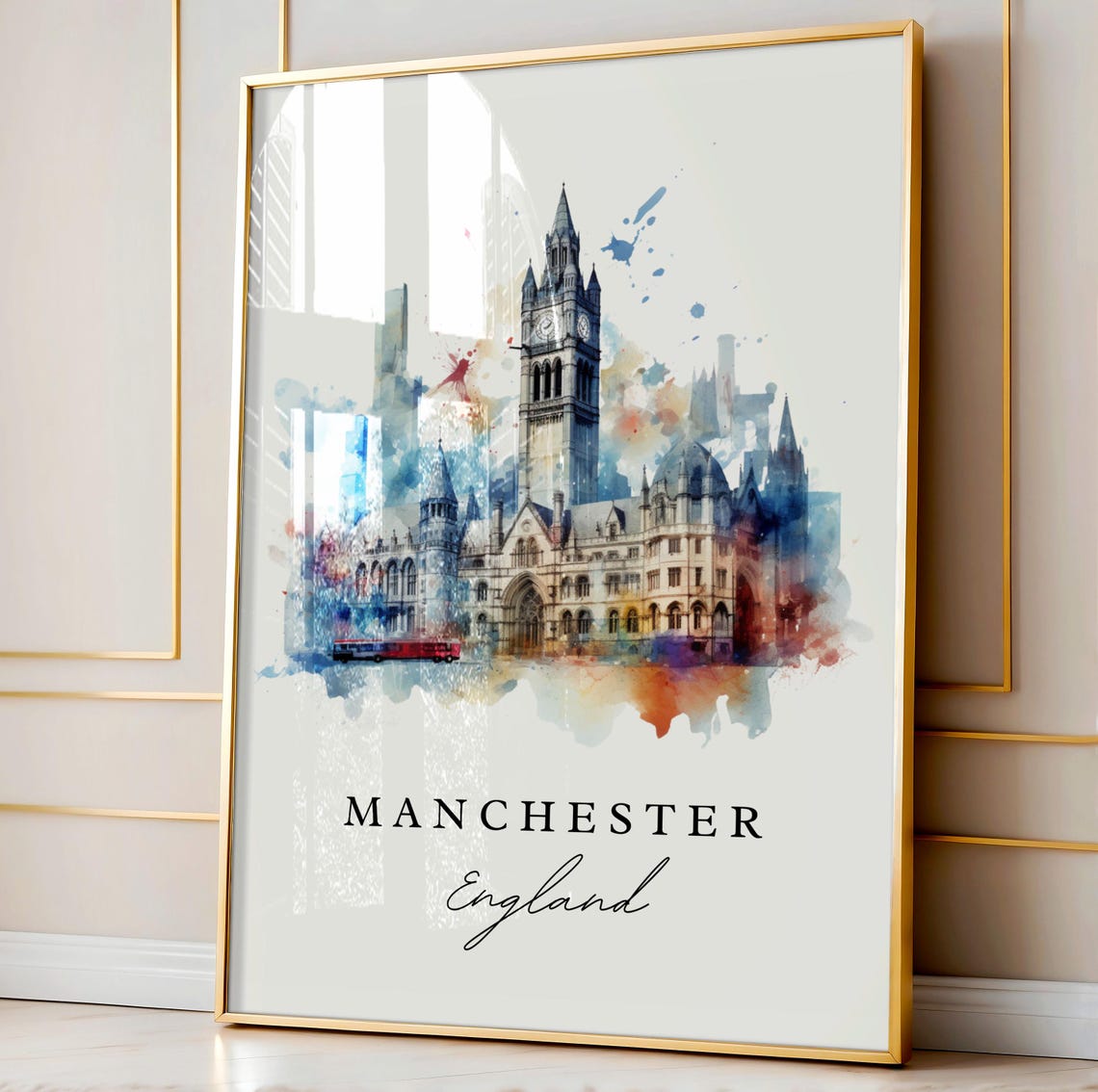 Manchester England Watercolor Travel Poster Print - Image 3