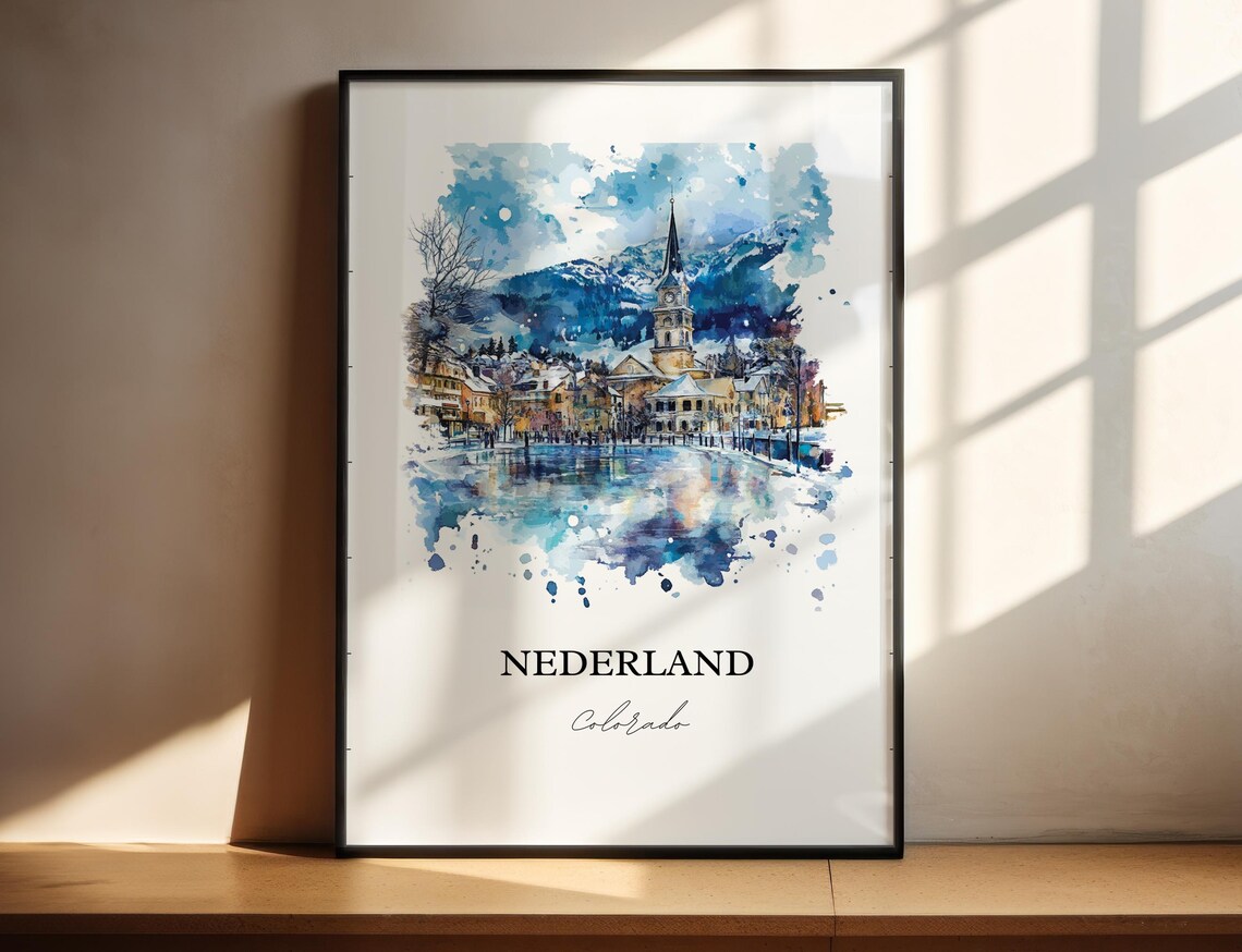 Nederland Colorado Winter Town Snowy Watercolor Scene Travel Poster