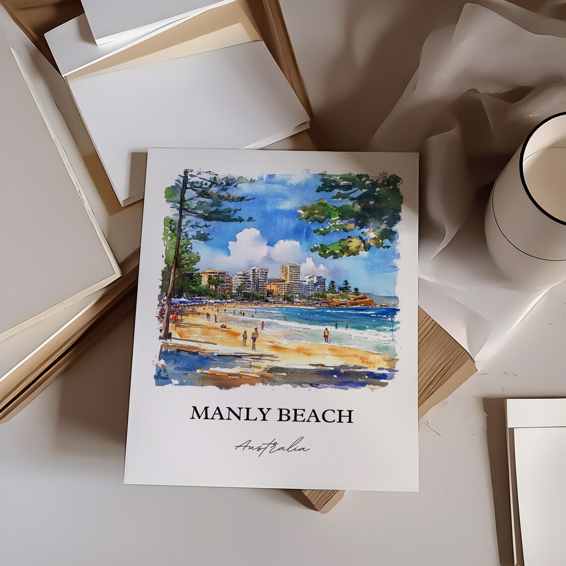 Manly Beach Australia Surf Sand Norfolk Pines Watercolor Travel Poster - Image 5