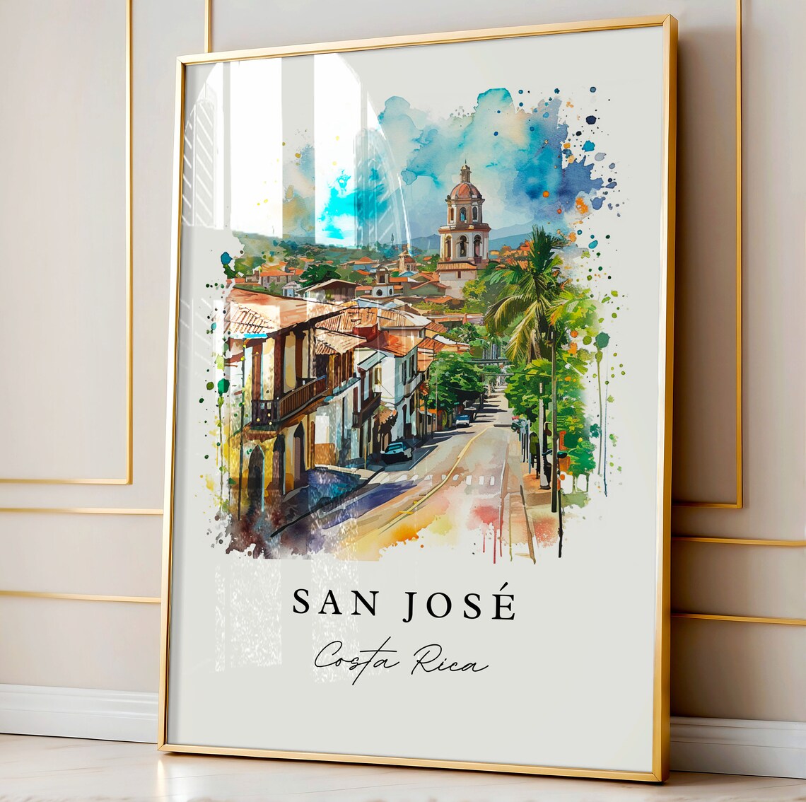 San Jose Costa Rica Watercolor Colonial Street Church Tower Poster - Image 4