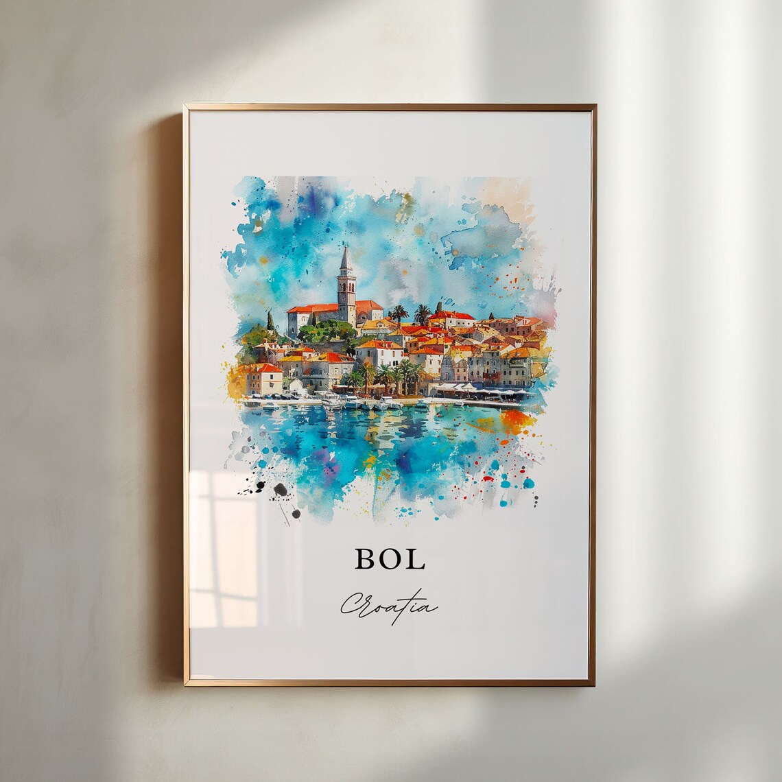 Bol Croatia Coastal Marina Bell Tower Watercolor Island Poster