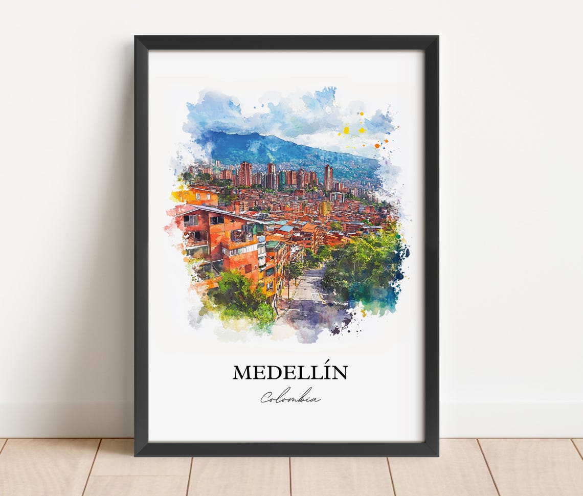 Medellin Skyline Watercolor Travel Poster, Colombia - Image 2