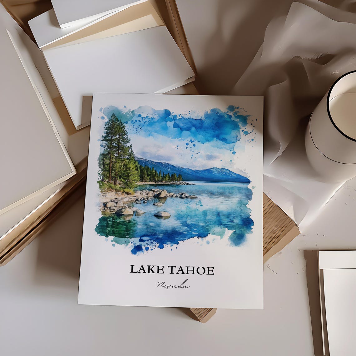 Lake Tahoe Nevada Rocky Shoreline Alpine Lake Watercolor Poster - Image 3