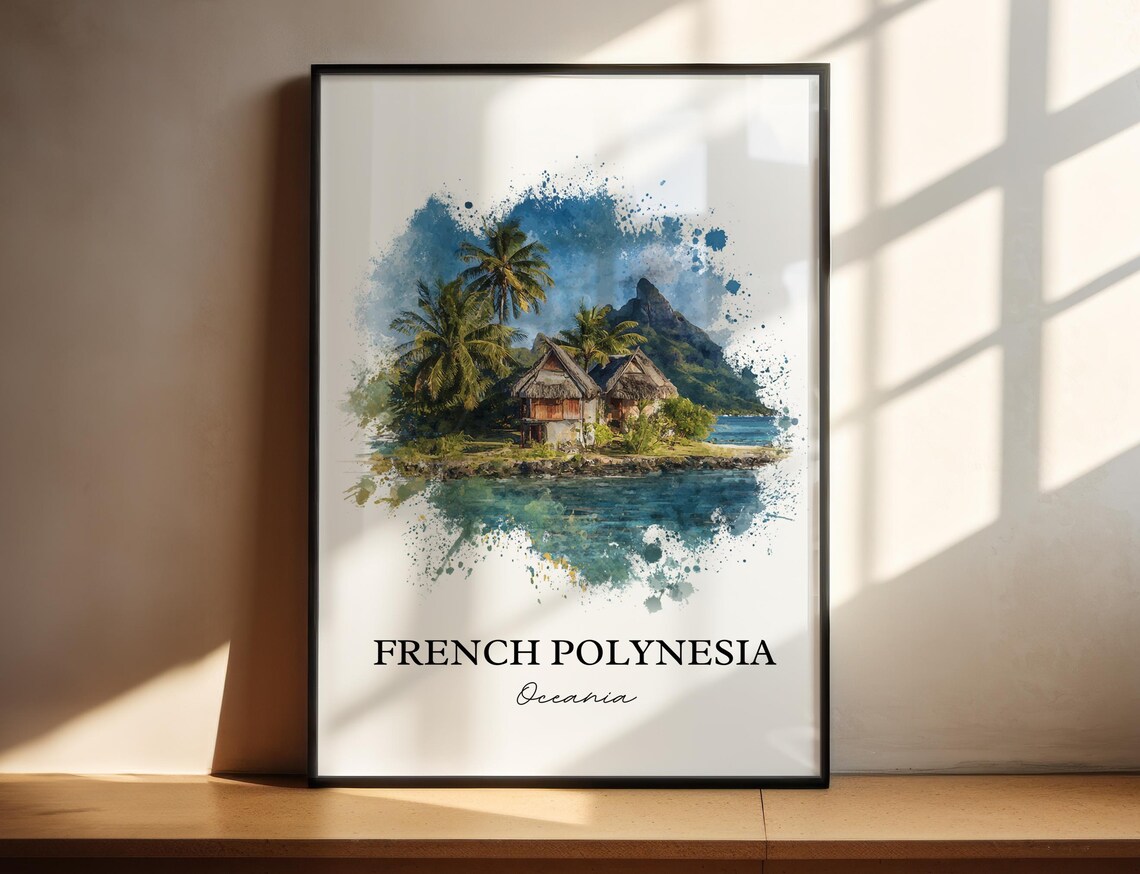 French Polynesia Thatched Huts Lagoon Watercolor Travel Poster