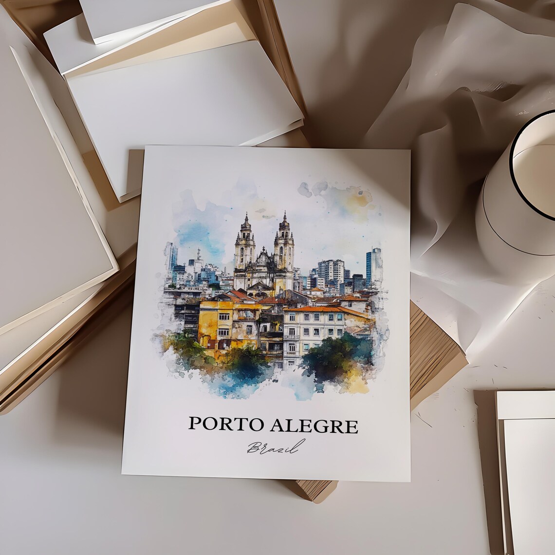 Porto Alegre Brazil Historic Church Watercolor Travel Wall Art - Image 3