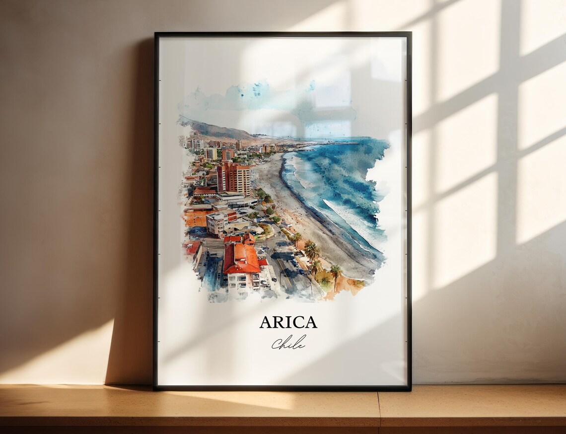 Arica Chile Watercolor Aerial Coastal City Beach Scene Poster