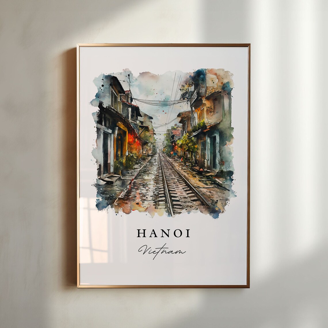 Hanoi Vietnam Watercolor Train Street Old Quarter Scene Poster