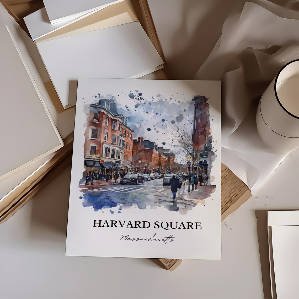 Harvard Square Massachusetts Street Scene Watercolor Travel Poster - Image 4