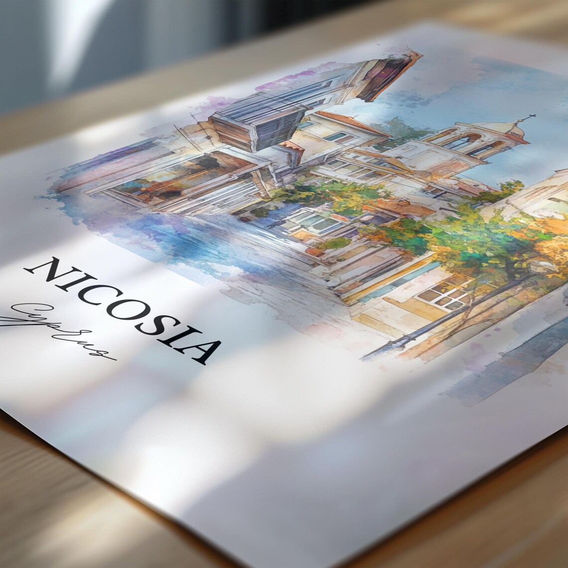 Nicosia Cyprus Old Town Street Bell Tower Watercolor Travel Poster - Image 5