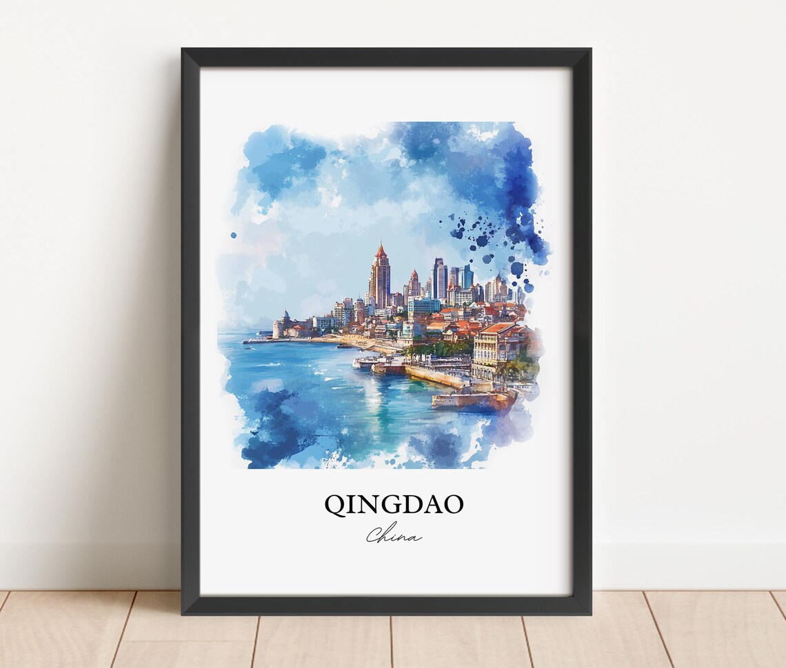 Qingdao China Watercolor Harbor Skyline Blue Sea View Poster - Image 3
