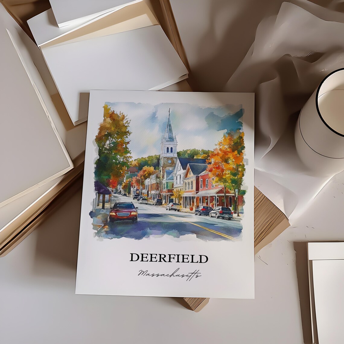 Deerfield Massachusetts Watercolor Fall Church Street Art Poster - Image 4