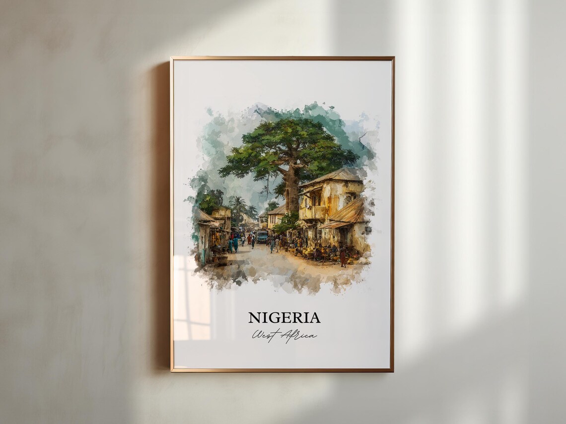 Nigeria West Africa Watercolor Village Market Big Tree Poster - Image 5