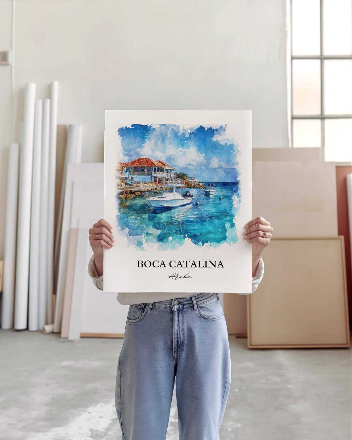 Boca Catalina Aruba Watercolor Beach House Boats Cove Poster - Image 5