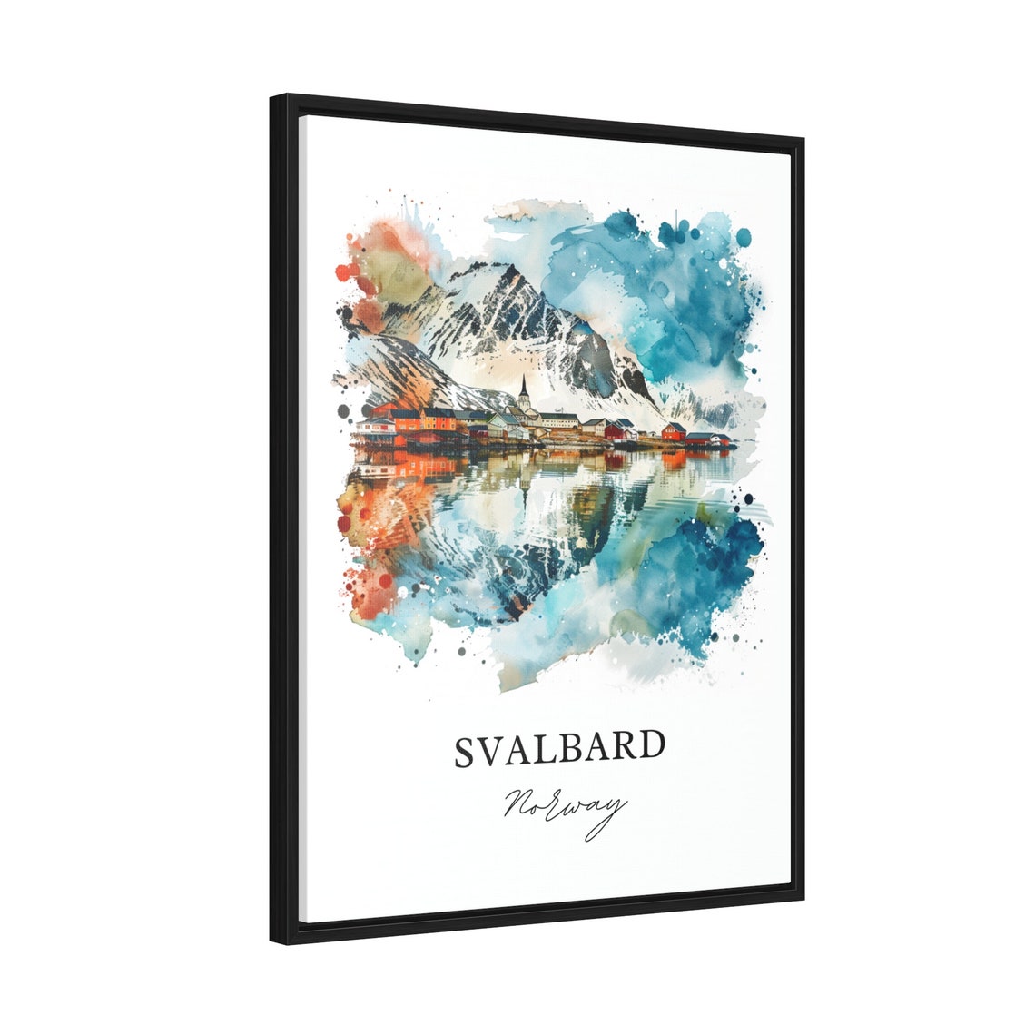 Svalbard Norway Watercolor Arctic Village Snowy Mountain Peak Poster - Image 2