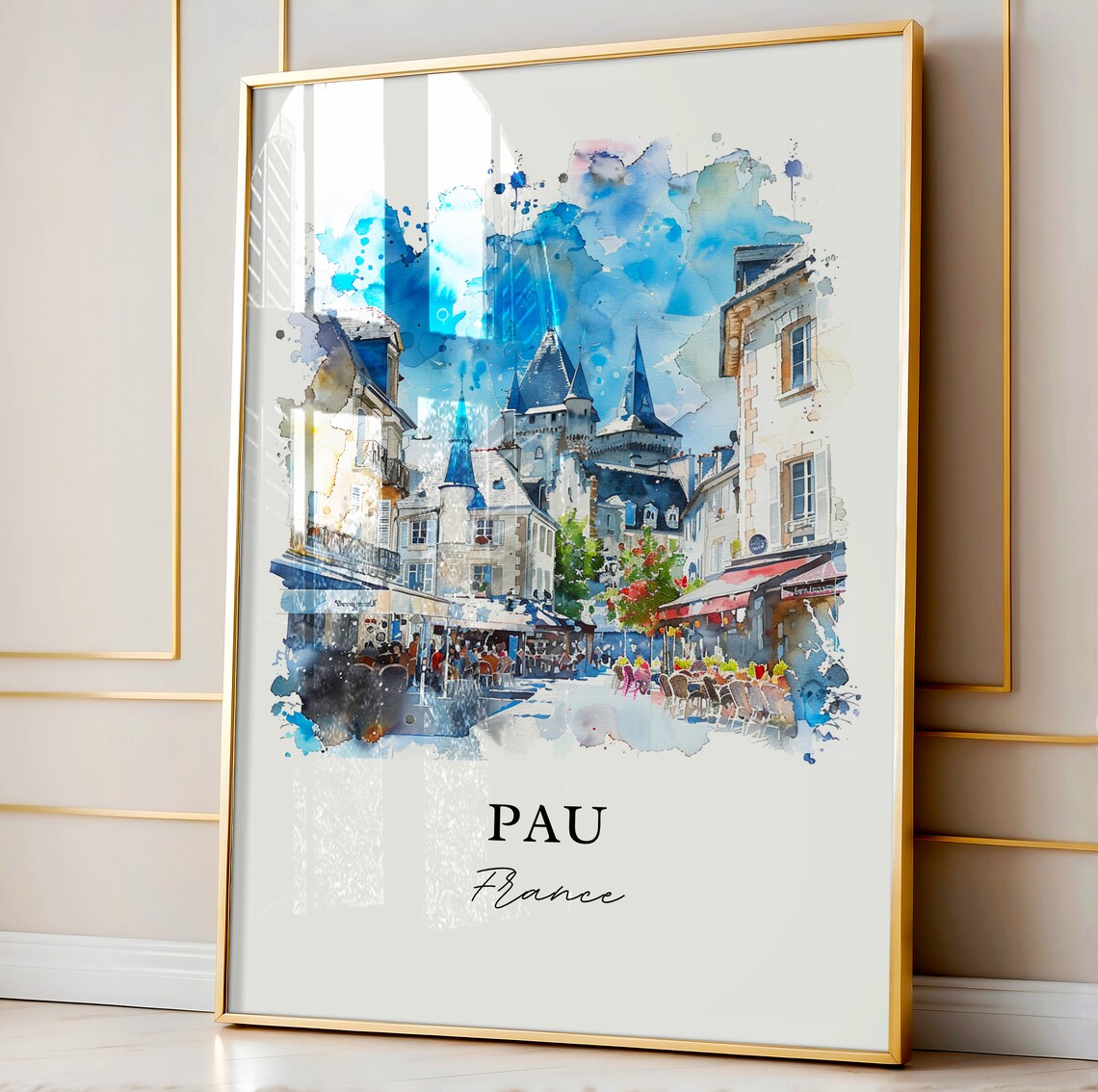 Pau France Watercolor Chateau Towers Street Cafe Scene Old Town Poster - Image 4