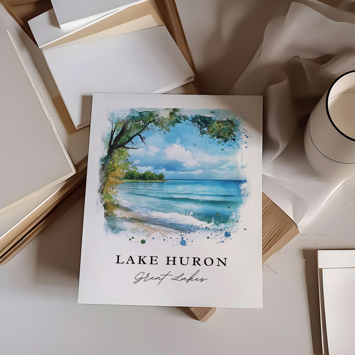 Lake Huron Great Lakes Watercolor Shoreline Beach Waves Poster - Image 6