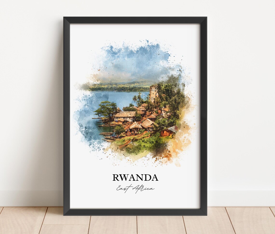 Rwanda East Africa Watercolor Lakeside Village Hills Travel Poster - Image 4