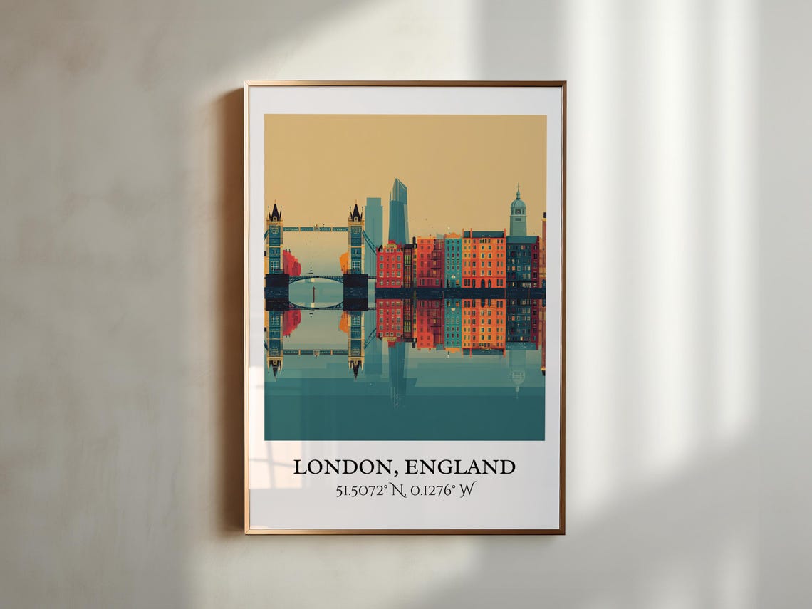 London England Tower Bridge Reflection Teal Vintage Style Art Poster - Image 2