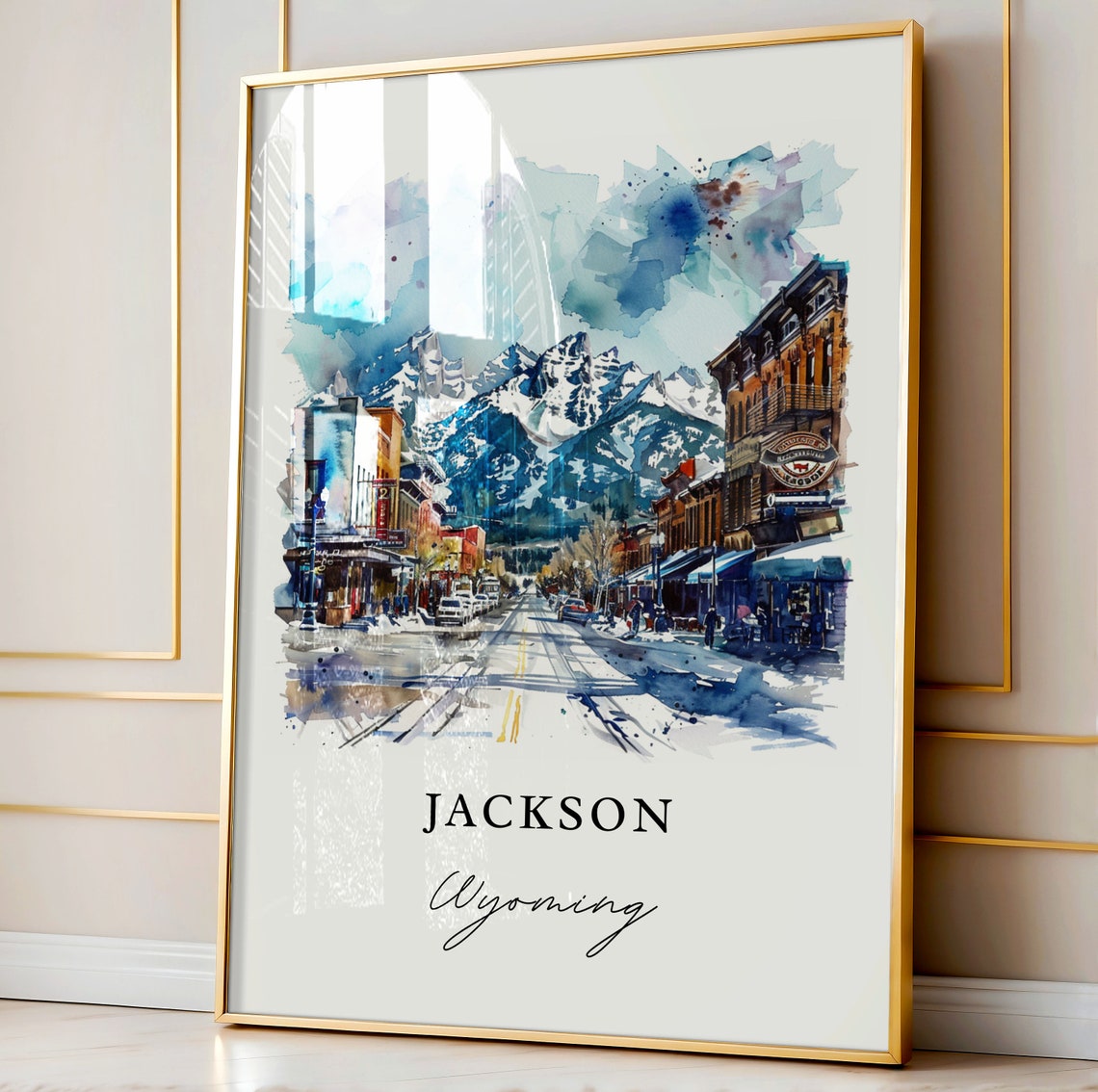 Jackson Wyoming Downtown Watercolor Snowy Mountain Travel Poster - Image 4