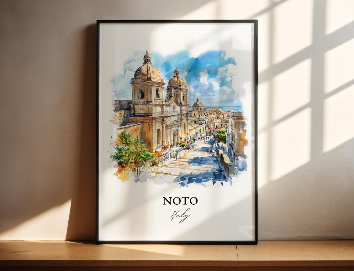 Noto Sicily Baroque Cathedral Twin Domes Italy Travel Poster