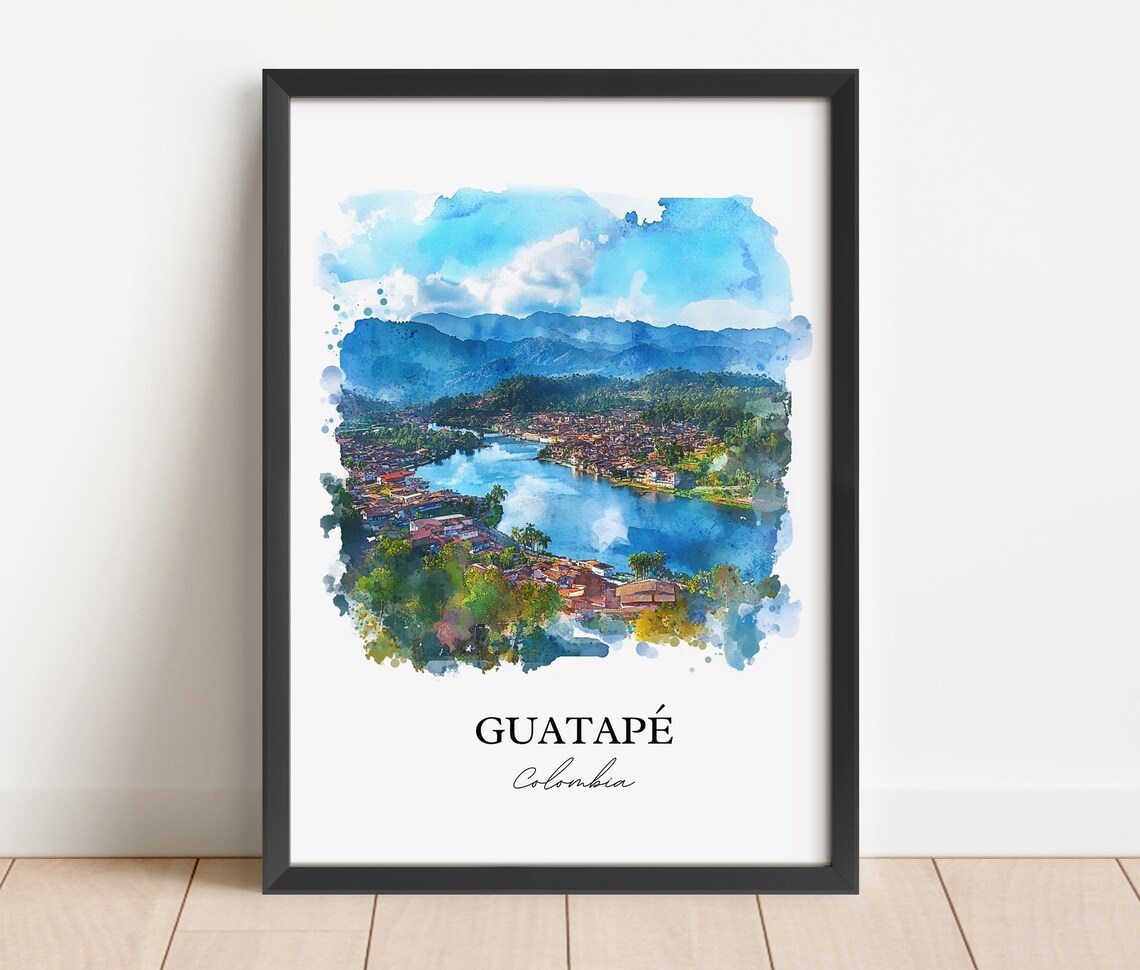 Guatape Colombia Watercolor Aerial Lake Town View Scene Poster - Image 2