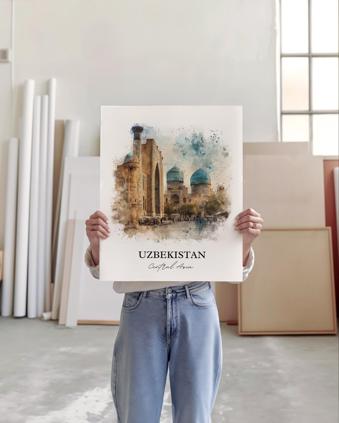 Uzbekistan Central Asia Watercolor Art Blue Dome Madrasa Poster - Image 5