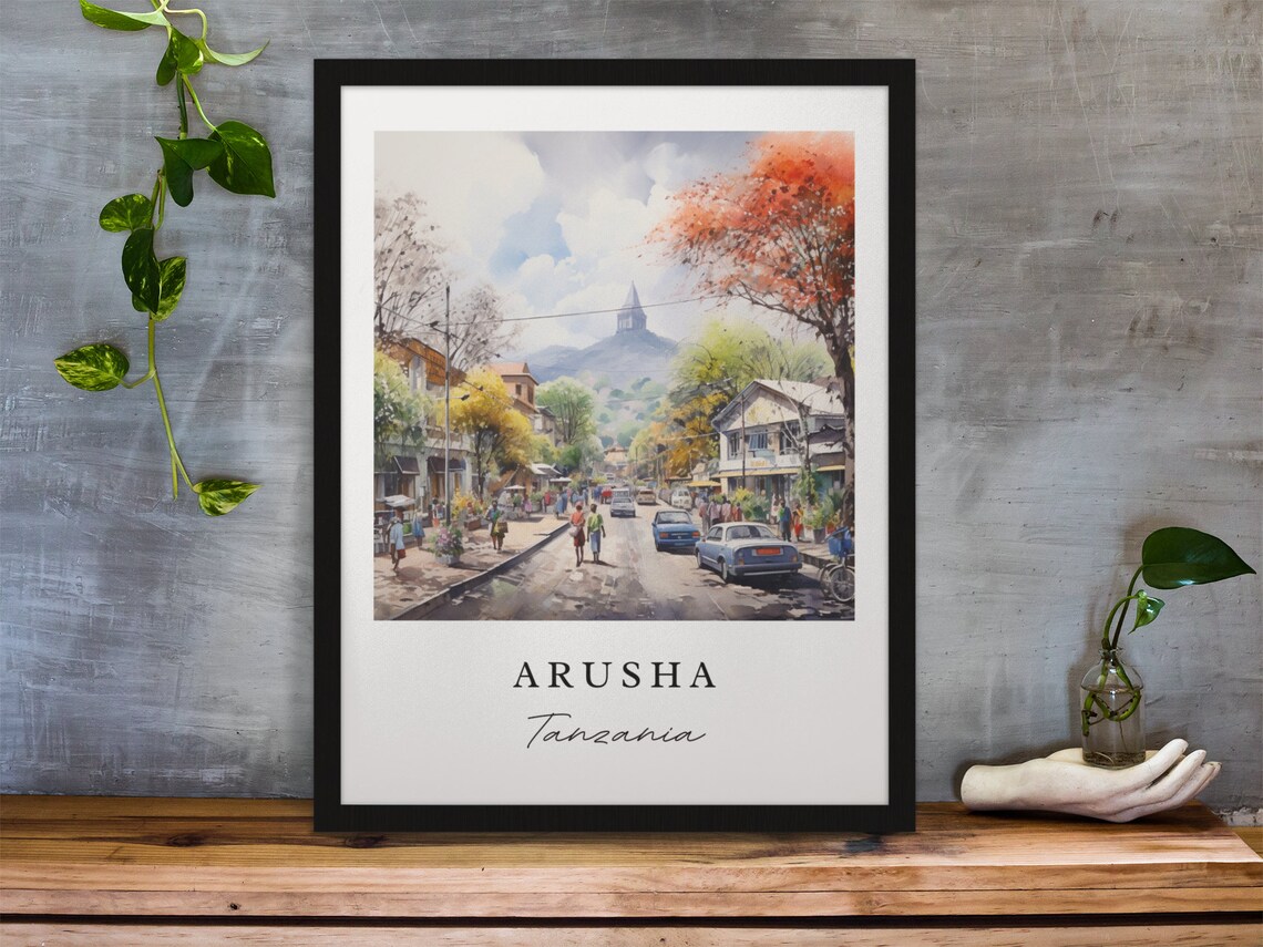 Arusha Tanzania Busy Street Scene Mountain Watercolor Poster - Image 2