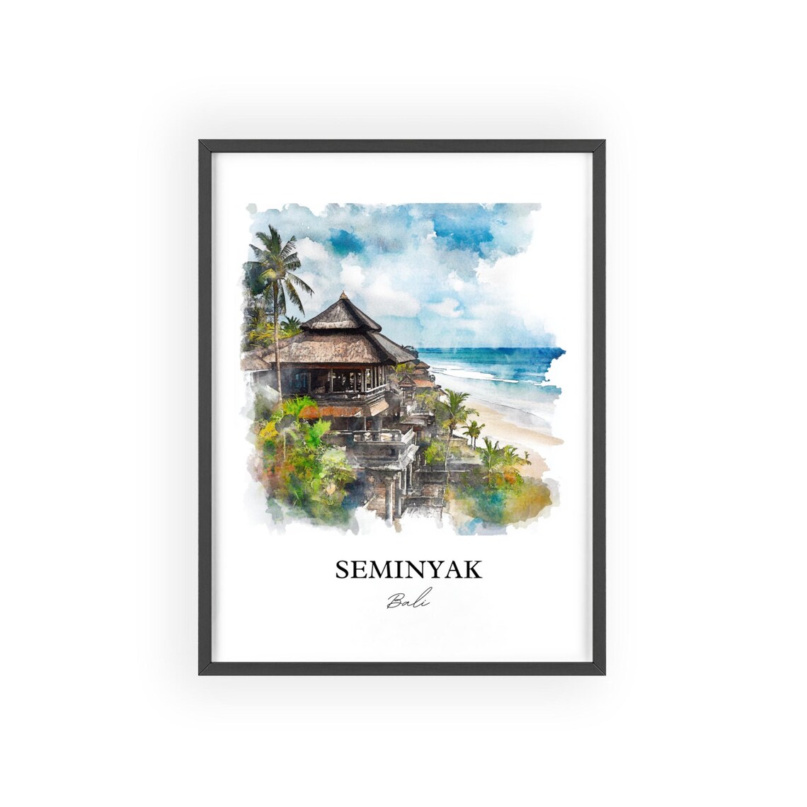 Seminyak Bali Watercolor Beach Temple Ocean Sunset Coast Poster - Image 2