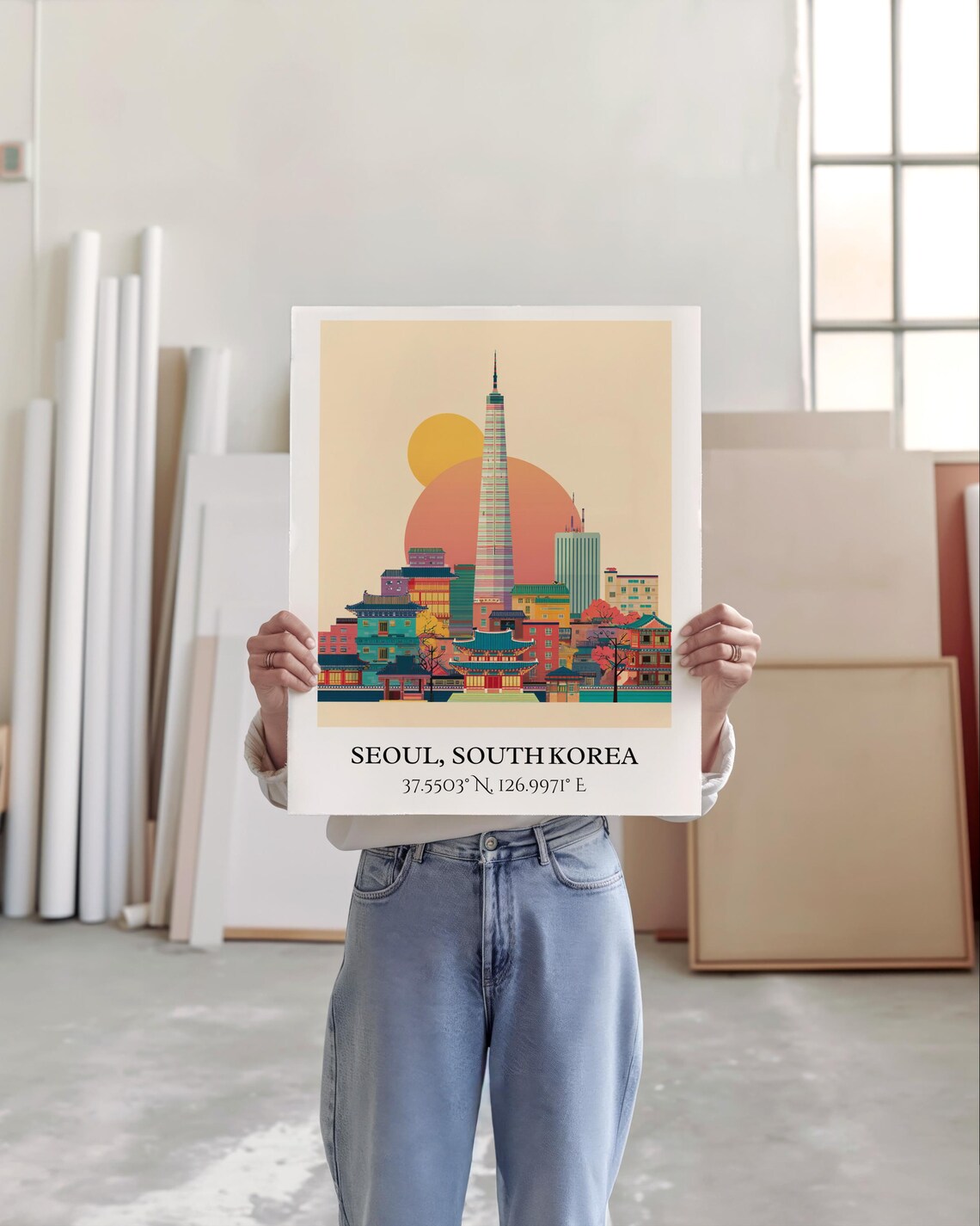 Seoul South Korea Lotte Tower Palace Rooftops Retro Travel Art Poster - Image 5