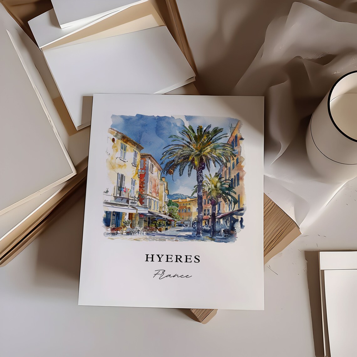 Hyeres France Mediterranean Old Town Palms Watercolor Travel Poster - Image 6